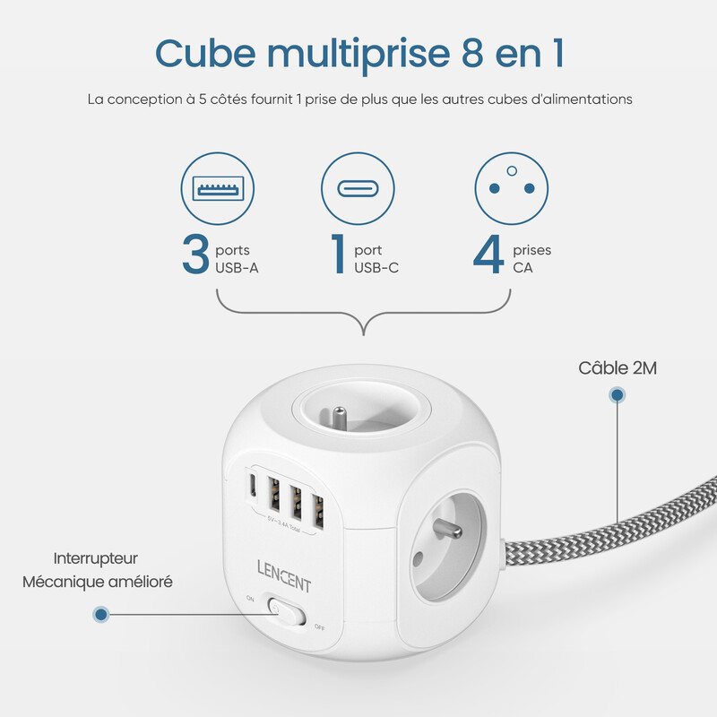 LENCENT FR Power Strip Strip Cube с 4 AC контакта 3 USB порта 1 Type C 2M Braided Cabe Захранващ адаптер с много гнезда и превключвател за дома