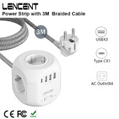 Разклонител LENCENT с 4 контакта за променлив ток 3 USB порта 1 тип C 3M плетен кабел Удължител за множество гнезда с превключвател за домашен офис