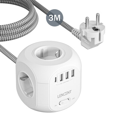 Разклонител LENCENT с 4 контакта за променлив ток 3 USB порта 1 тип C 3M плетен кабел Удължител за множество гнезда с превключвател за домашен офис