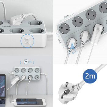 Πολύπριζο TESSAN EU Multi Outlets με θύρες USB 2M Καλώδιο επέκτασης Europe Korea Plug Electric Socket Aapter for Home Office