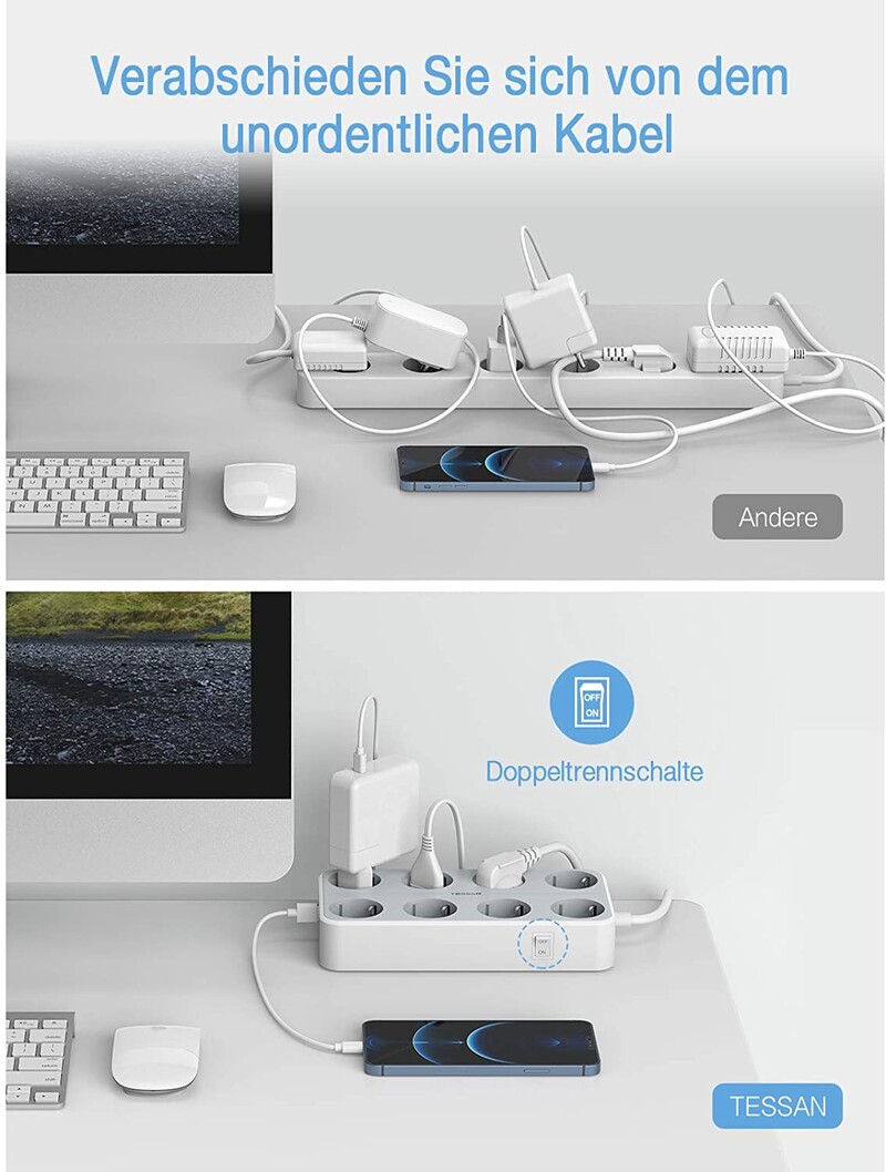 TESSAN Razvodnik s više utičnica za EU s USB priključcima 2M produžni kabel Europa Koreja Utikač Električna utičnica Aapter za kućni ured