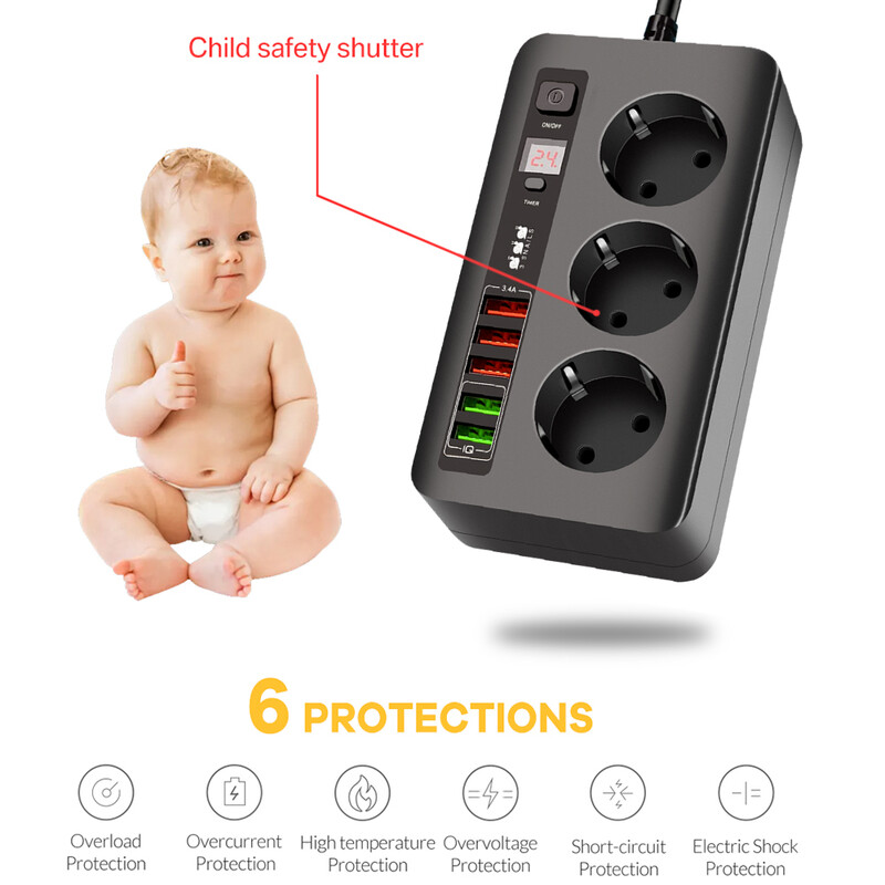 EU Power Strip Adapter za europsku utičnicu za višestruki produžni kabel od 2 m s USB punjačem za iPhone 13 12 11 Samsung Xiaomi