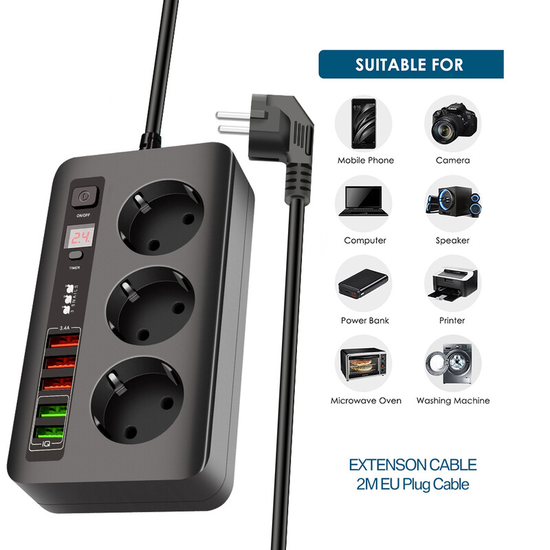 EU Power Strip Adapter za europsku utičnicu za višestruki produžni kabel od 2 m s USB punjačem za iPhone 13 12 11 Samsung Xiaomi