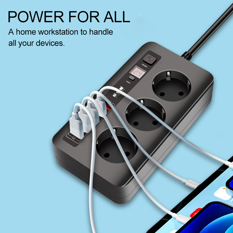 EU Power Strip Adapter za europsku utičnicu za višestruki produžni kabel od 2 m s USB punjačem za iPhone 13 12 11 Samsung Xiaomi