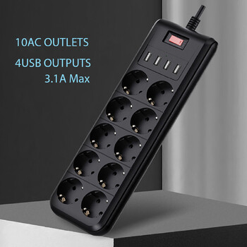 EU Power Strip Network Filter Multi Electrical Socket 10 Outlets 4USB Fast Charging 6,5FT Extenstion Cord Surge Protector