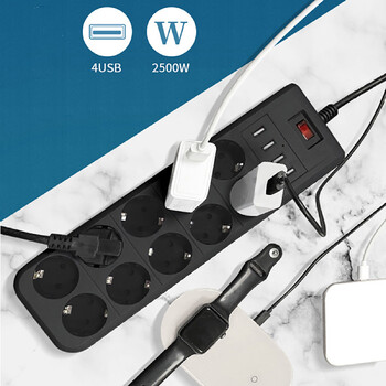 EU Power Strip Network Filter Multi Electrical Socket 10 Outlets 4USB Fast Charging 6,5FT Extenstion Cord Surge Protector