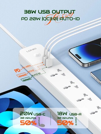 Πολύπριζο LDNIO 5 πρίζας με 3 θύρες USB USB C USB A Universal Socket Extension UK EU US Plug Multifunction πολύπριζα