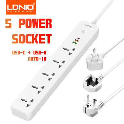 LDNIO 5 lizdo maitinimo juosta su 3 USB prievadais USB C USB Universalus lizdo plėtinys JK ES JAV kištukas Daugiafunkciai maitinimo juostos