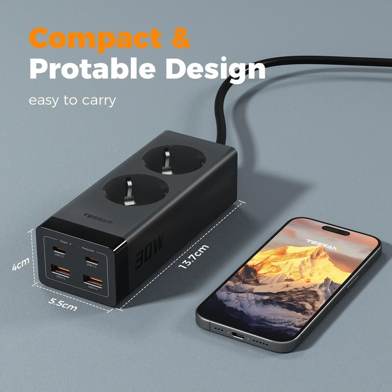 TESSAN 3600W Множество разклонители с 2M удължителен кабел GaN USB C Адаптер за бързо зареждане със защита от пренапрежение за офис