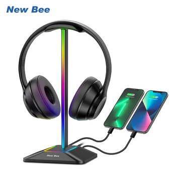 New Bee Z8 RGB стойка за слушалки Стойка Настолни игрални слушалки с 2 USB порта Страхотен държач за дисплей Неплъзгаща се гумена основа за геймър