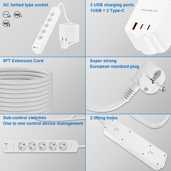 PUJIMAX Power Strip 1,5M καλώδιο επέκτασης Electrica Socket Πολλαπλές υποδοχές με φίλτρο δικτύου προστασίας υπερφόρτωσης