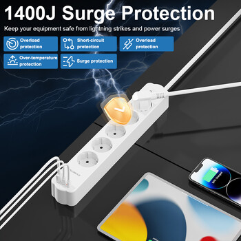 PUJIMAX Power Strip 1,5M καλώδιο επέκτασης Electrica Socket Πολλαπλές υποδοχές με φίλτρο δικτύου προστασίας υπερφόρτωσης