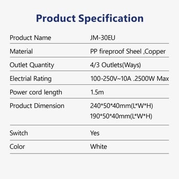 JINGMIN Power Strip Surge Protector 3/4 AC EU Electrical Plug Πρίζα Καλώδιο επέκτασης καλωδίου καλωδίου προέκτασης προσαρμογέα 1,5 m