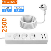 Razdjelnik EU utikač s USB priključcima 3 utičnice 16A utičnice Neovisni upravljački prekidači 1,8 m kabel za kućni ured