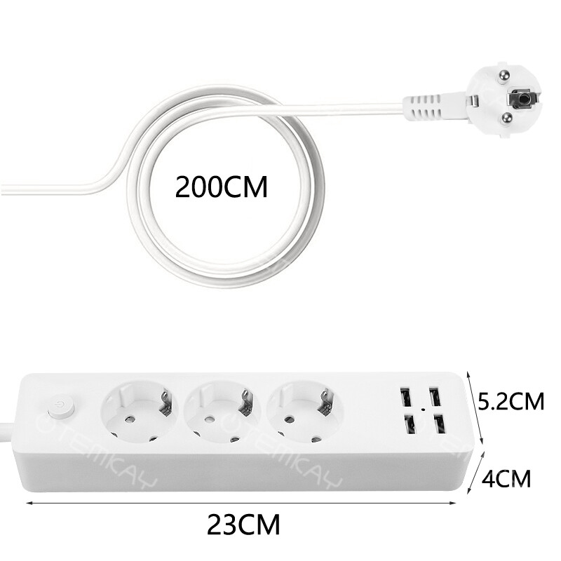 Razdjelnik EU utikač s USB priključcima 3 utičnice 16A utičnice Neovisni upravljački prekidači 1,8 m kabel za kućni ured