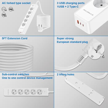 PUJIMAX 5 Πρίζα εναλλασσόμενου ρεύματος Πολύπριζο τροφοδοσίας 1,5 m Καλώδιο επέκτασης Ηλεκτρική πρίζα Έξυπνο USB Προστατευτικό υπέρτασης οικιακού γραφείου