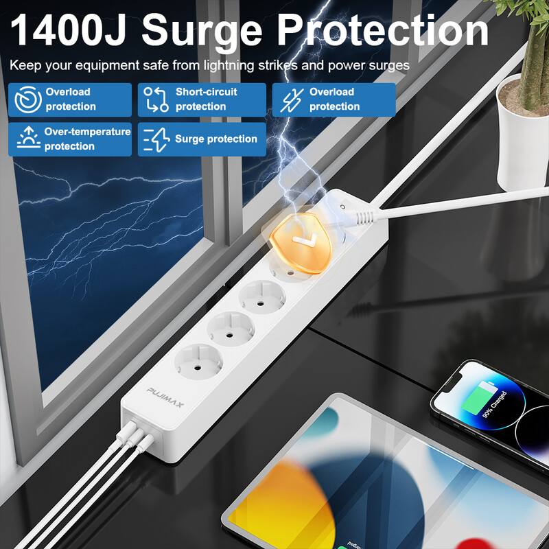 PUJIMAX 5 AC utičnica Multitap razvodnik 1,5 m Produžni kabel Električna utičnica Pametna USB zaštita od prenapona za kućni ured