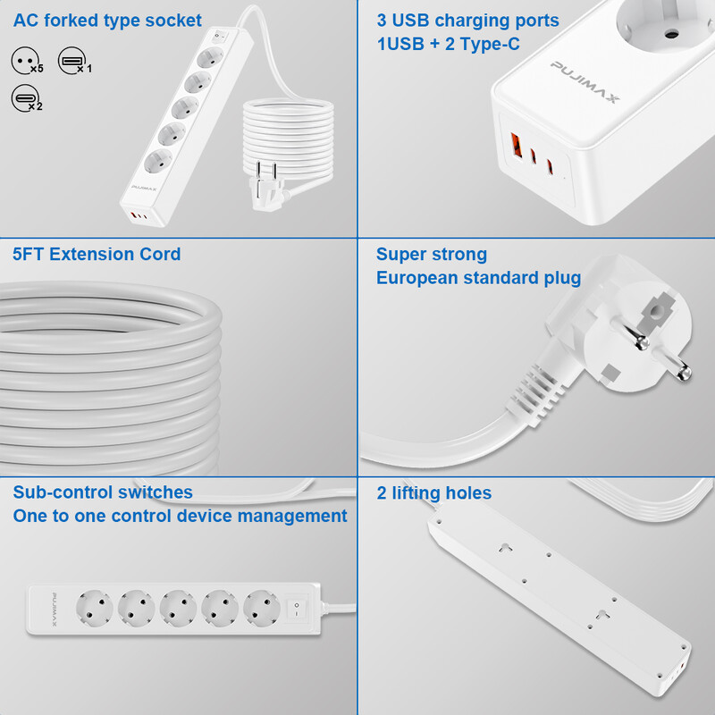 PUJIMAX 5 AC utičnica Multitap razvodnik 1,5 m Produžni kabel Električna utičnica Pametna USB zaštita od prenapona za kućni ured