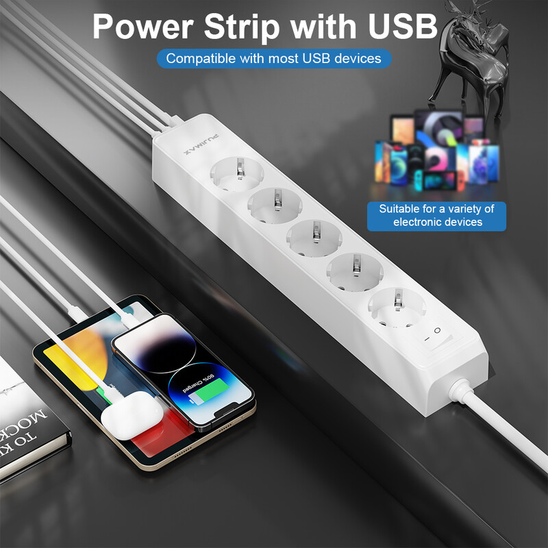 PUJIMAX 5 AC utičnica Multitap razvodnik 1,5 m Produžni kabel Električna utičnica Pametna USB zaštita od prenapona za kućni ured