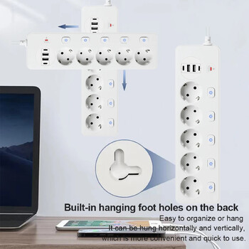 PUJIAMX EU Plug AC Outlet Power Strip Multi Outlet 2M Настолен гнездо Удължителен кабел Мрежов филтър с 4USB зареждане Protecto