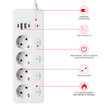 PUJIAMX EU Plug AC Outlet Power Strip Multi Outlet 2M Настолен гнездо Удължителен кабел Мрежов филтър с 4USB зареждане Protecto