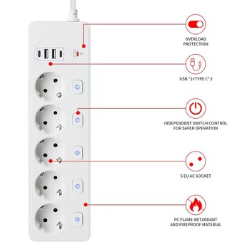 PUJIAMX EU Plug AC Outlet Power Strip Multi Outlet 2M Настолен гнездо Удължителен кабел Мрежов филтър с 4USB зареждане Protecto