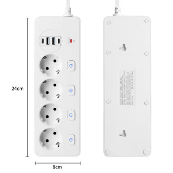 PUJIAMX EU Plug AC Outlet Power Strip Multi Outlet 2M Настолен гнездо Удължителен кабел Мрежов филтър с 4USB зареждане Protecto