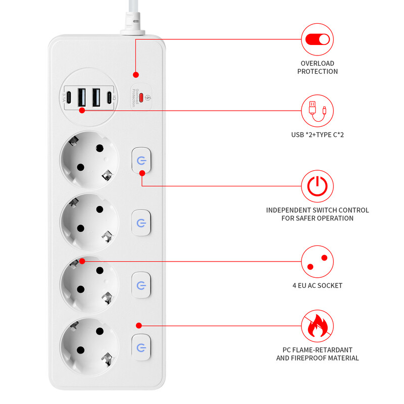 PUJIAMX EU Plug vahelduvvoolu pistikupesa vooluriba mitme väljundiga 2M lauaarvuti pistikupesa pikendusjuhtme võrgufilter koos 4 USB laadimiskaitsega