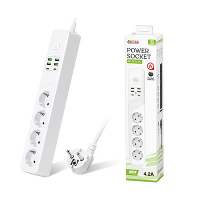 EU utikač Razvodnik 4 AC utikača Utičnice 4 USB 2 priključka tipa C Zaštita od preopterećenja s produžnim kabelom za kućni ured