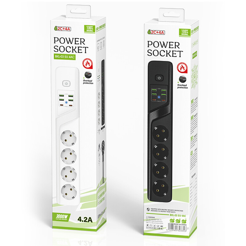 EU utikač Razvodnik 4 AC utikača Utičnice 4 USB 2 priključka tipa C Zaštita od preopterećenja s produžnim kabelom za kućni ured