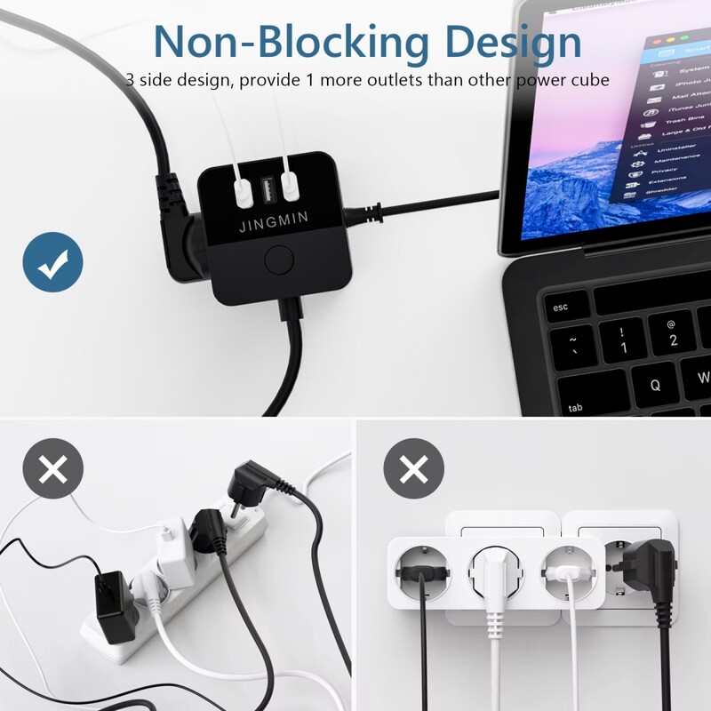 Pagarinātāja barošanas ligzda Vairāku kontaktligzdu barošanas sloksne ar 3 maiņstrāvas kontaktligzdām 3 USB ar slēdzi 1,5 m kabelis mājas birojam