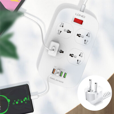 LDNIO universalus greitas įkrovimas 3.0 maitinimo juostos prailginimo lizdas USB kelių lizdų kištukas 4 lizdas 4 USB įkrovimo prievadai SC4407 EU UK