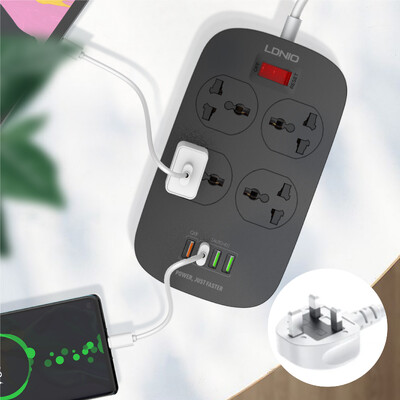 LDNIO universalus greitas įkrovimas 3.0 maitinimo juostos prailginimo lizdas USB kelių lizdų kištukas 4 lizdas 4 USB įkrovimo prievadai SC4407 EU UK