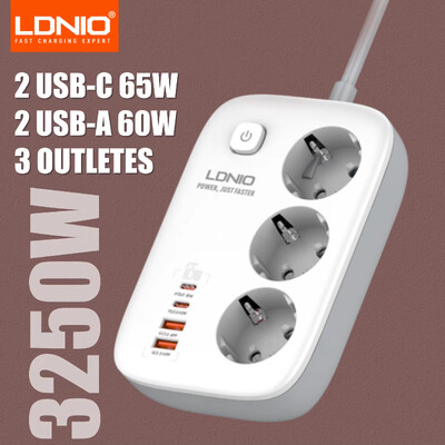 LDNIO Power Strip EU Kr 4,8mm Standard 3 pistikupesa koos PD 65W 4 USB-porti USB laadimine 2M pikendusjuhtme pistikupesa adapteriga