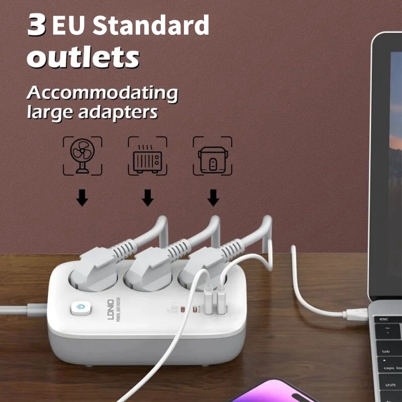 LDNIO barošanas sloksne EU Kr 4.8mm Standarta 3 kontaktligzdas ar PD 65W 4 USB ports USB uzlāde 2M pagarinātāja ligzdas adapteris