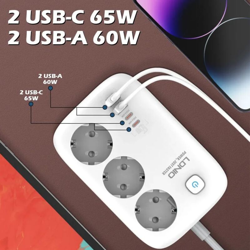 LDNIO barošanas sloksne EU Kr 4.8mm Standarta 3 kontaktligzdas ar PD 65W 4 USB ports USB uzlāde 2M pagarinātāja ligzdas adapteris