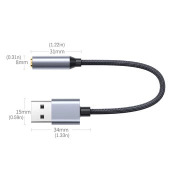 Κάρτα ήχου USB 20 cm Προσαρμογέας ακουστικών ήχου USB σε 3,5 mm Εξωτερική κάρτα ήχου Κάρτα ήχου για ακουστικά μικροφώνου Υπολογιστής υπολογιστή