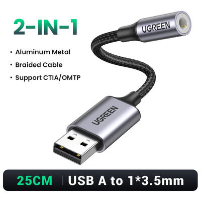 UGREEN zvučna kartica USB na 3,5 mm adapter audio sučelja za mikrofon slušalica za PC prijenosno računalo PS5/4 TRRS (CTIA/OMTP) aluminijsko metalno kućište