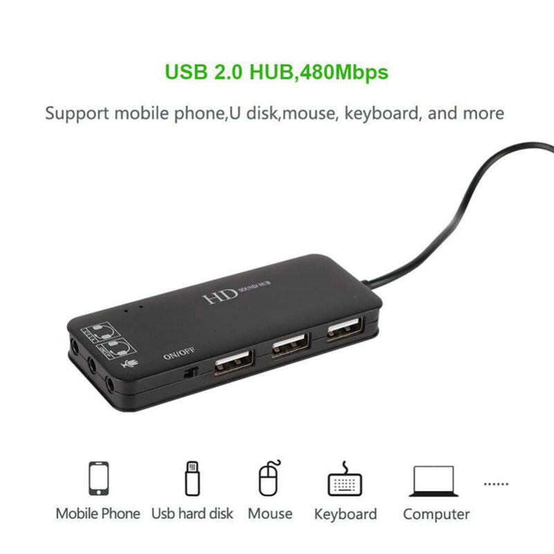 Višenamjenski 3 priključka USB 2.0 vanjski 7.1-kanalni adapter za stereo zvučnu karticu 2 utičnica za mikrofon 3,5 mm audio za slušalice za PC audio transe