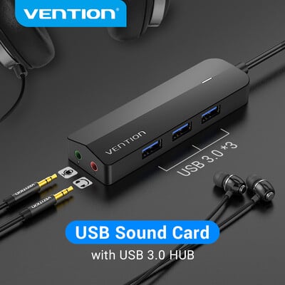 Ventioni USB 3.0 jaotur 3 pordiga USB-helikaart 2-ühes väline stereoheliadapter 3,5 mm kõrvaklappide mikrofoniga USB-helikaart