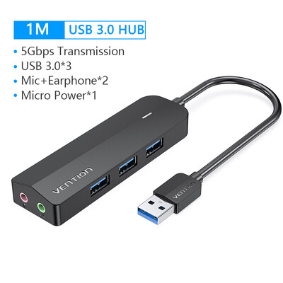 Vention USB 3.0 Hub 3 prievadų USB garso plokštė 2 viename išorinis stereo garso adapteris 3,5 mm su ausinių mikrofonu USB garso plokšte