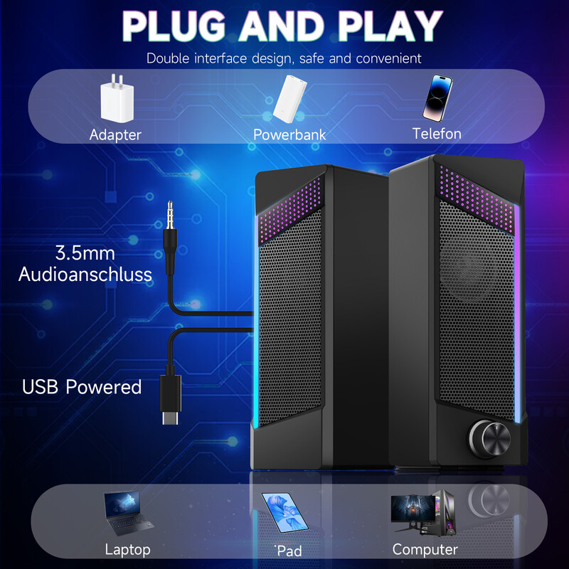 2 vienā USB datora skaļrunis piezīmjdatora stereo RGB gaismas vadu pārnēsājams pilnas frekvences galddators klēpjdatora zemfrekvences skaļrunis