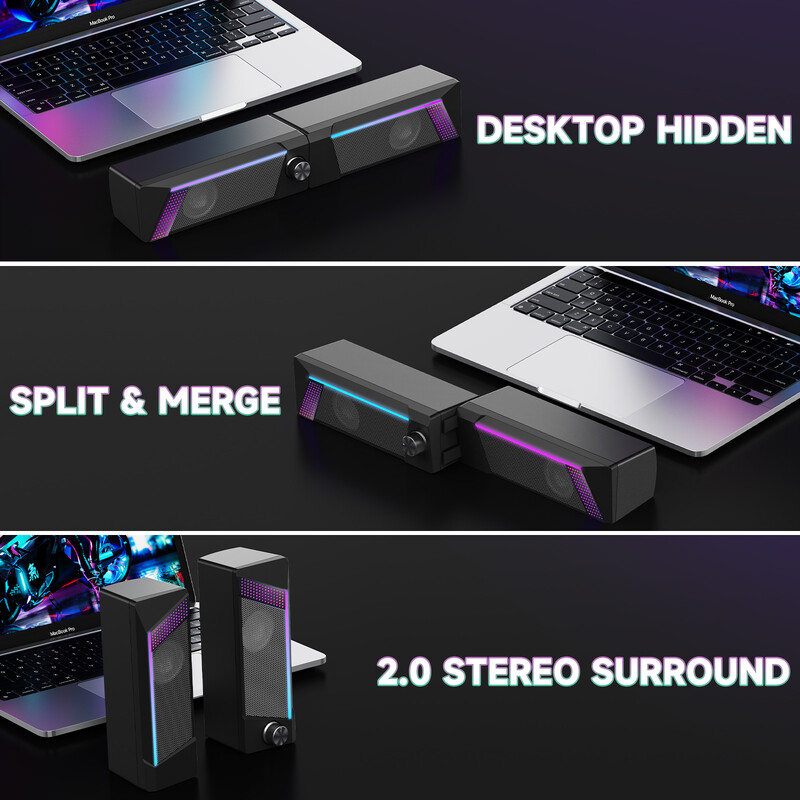 2 vienā USB datora skaļrunis piezīmjdatora stereo RGB gaismas vadu pārnēsājams pilnas frekvences galddators klēpjdatora zemfrekvences skaļrunis