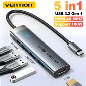 Vention 5 in 1 USB C 3.2 3.0 HUB 4K 60Hz HDMI 100W Adapterio skirstytuvo kelių prievadų išplėtimas, skirtas MacBook Pro Samsung Xiaomi PC nešiojamam kompiuteriui