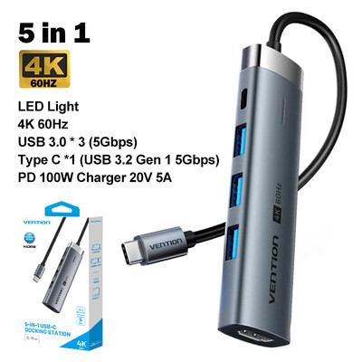Vention 5 in 1 USB C 3.2 3.0 HUB 4K 60Hz HDMI 100W Adapterio skirstytuvo kelių prievadų išplėtimas, skirtas MacBook Pro Samsung Xiaomi PC nešiojamam kompiuteriui