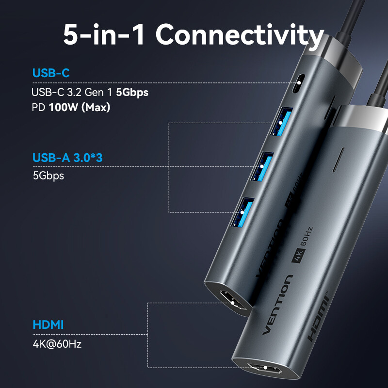 Vention 5 in 1 USB C 3.2 3.0 HUB 4K 60Hz HDMI 100W Adapterio skirstytuvo kelių prievadų išplėtimas, skirtas MacBook Pro Samsung Xiaomi PC nešiojamam kompiuteriui