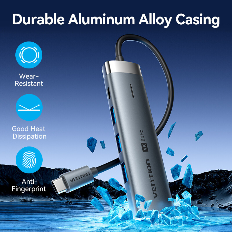 Vention 5 in 1 USB C 3.2 3.0 HUB 4K 60Hz HDMI 100W Adapterio skirstytuvo kelių prievadų išplėtimas, skirtas MacBook Pro Samsung Xiaomi PC nešiojamam kompiuteriui