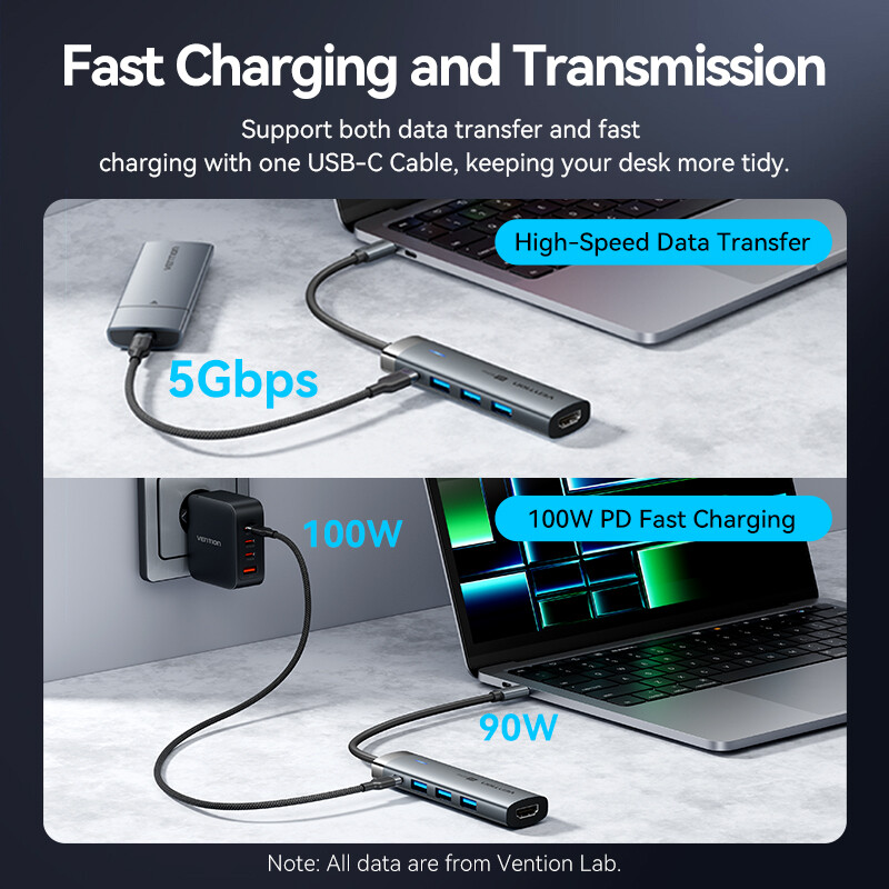 Vention 5 in 1 USB C 3.2 3.0 HUB 4K 60Hz HDMI 100W Adapterio skirstytuvo kelių prievadų išplėtimas, skirtas MacBook Pro Samsung Xiaomi PC nešiojamam kompiuteriui