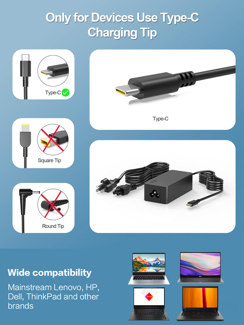 Reletech 65W USB C punjač za prijenosno računalo adapter za napajanje za Lenovo ThinkPad,Hp,Chromebook,Yoga,Dell,ASUS,Acer tip C brzi adapter za napajanje