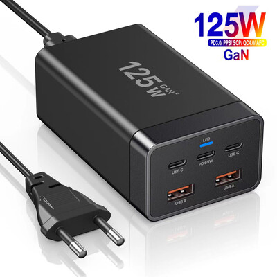 125W GaN stolni punjač 5-portna USB stanica za punjenje Quick 3.0 Type C PD 65W brzi punjač za iPhone15 14 13 za prijenosna računala Tablet